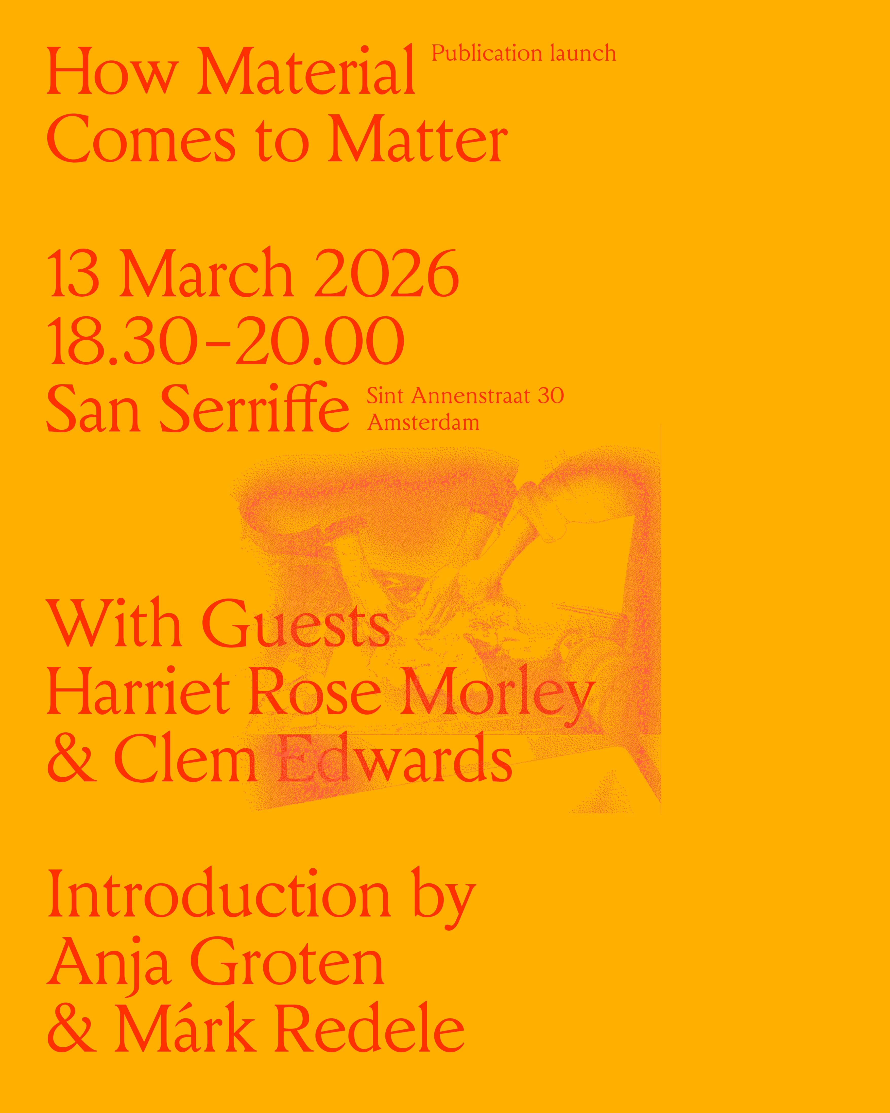 The image is orange with red text and invites viewers to the book launch at San Serriffe on March 13, 2026.