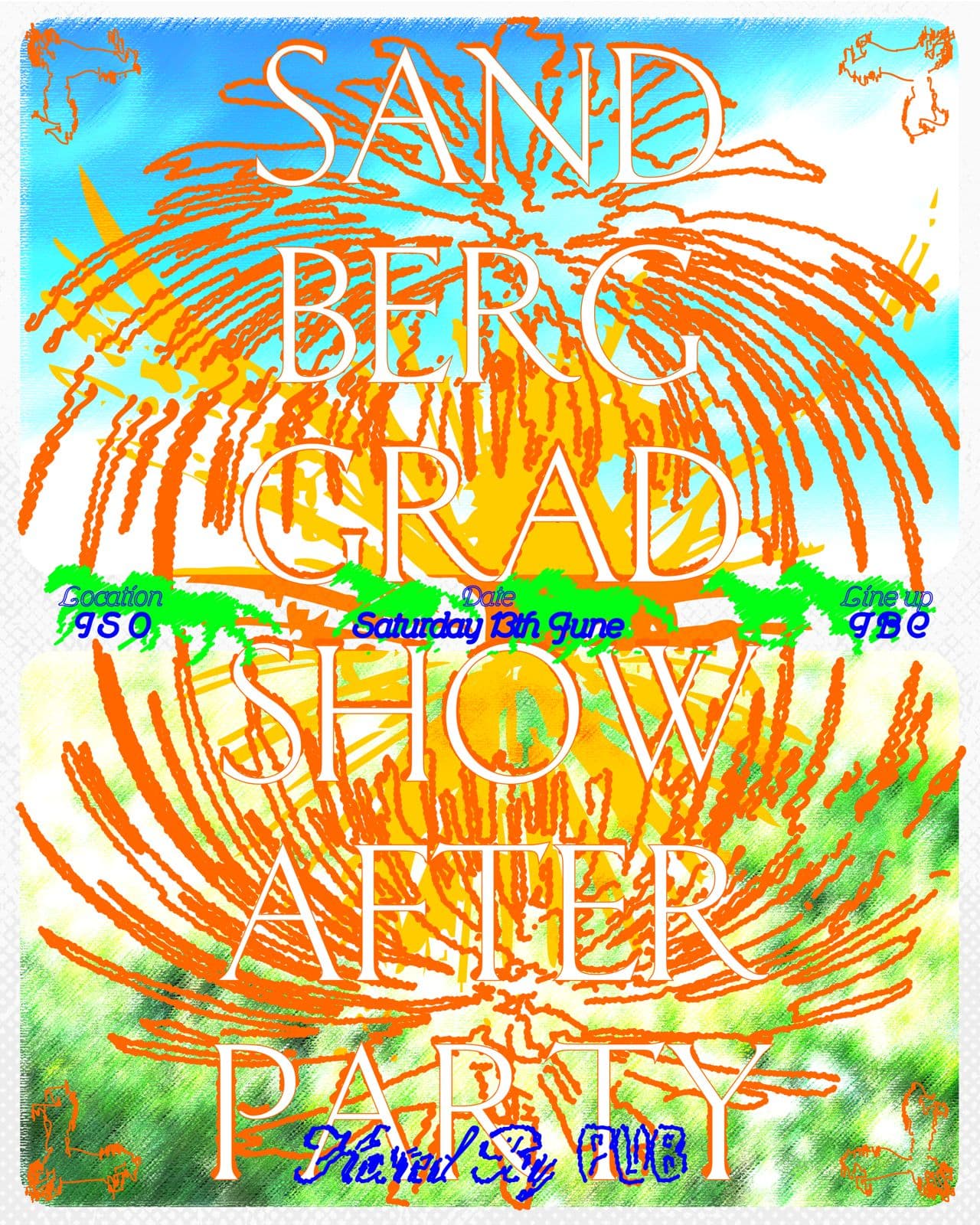 The image shows an advertisement for the Grad Show Afterparty at ISO. Orange brushstrokes over a blurred green and blue background. 